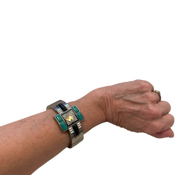 Lia Sophia Art Deco Style Clamped Bangle Bracelet Rhinestones Cabochon Pieces - Picture 2 of 7